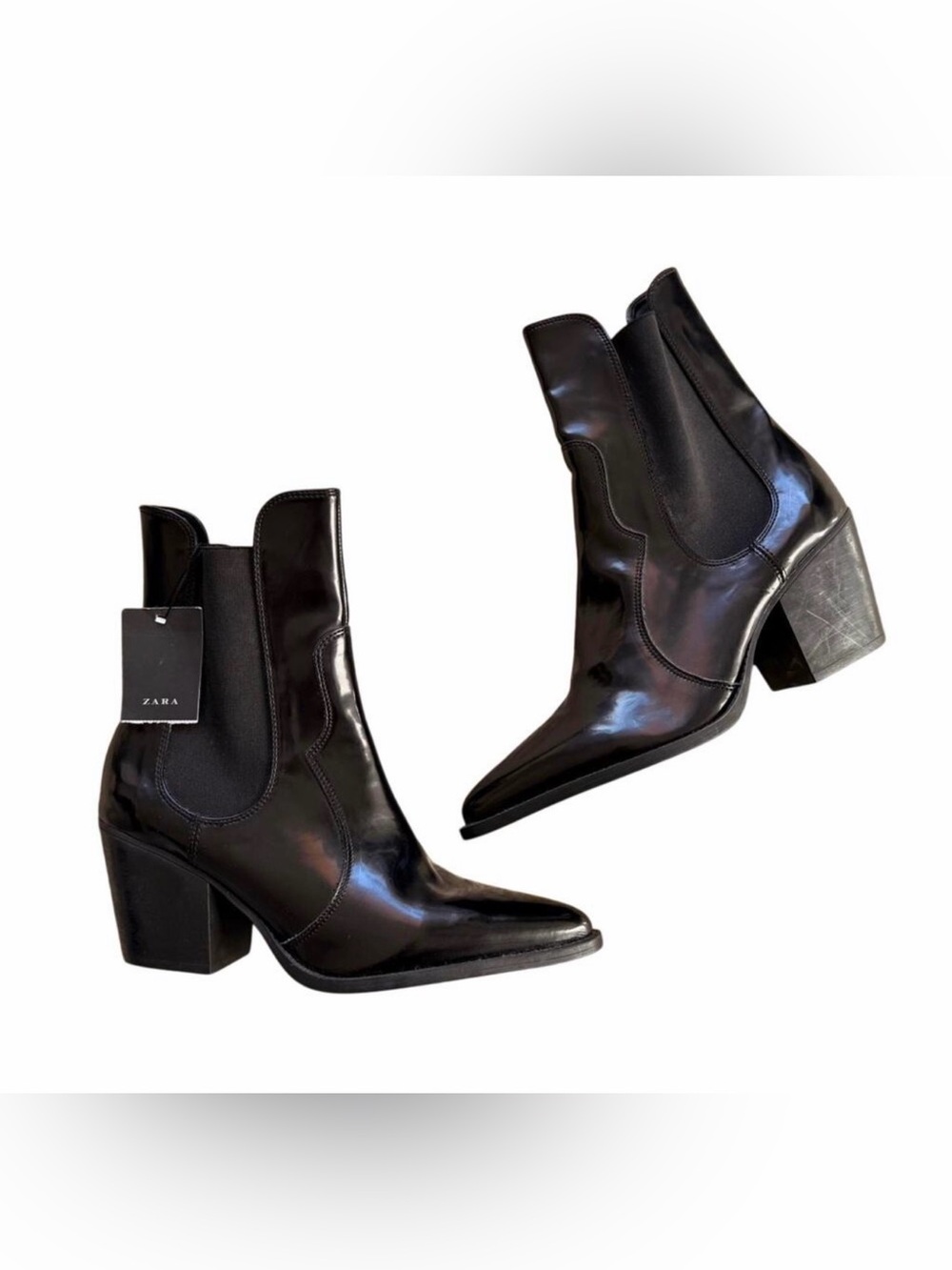 Zara Black  Pointed Block Heel Cowboy Booties
